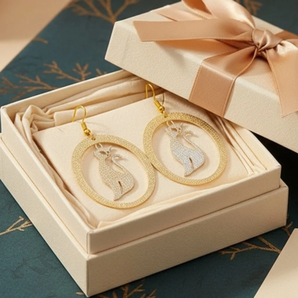 Womens‎ Gold Tone Sparkle Kitten Hoop Earrings - Picture 4 of 6